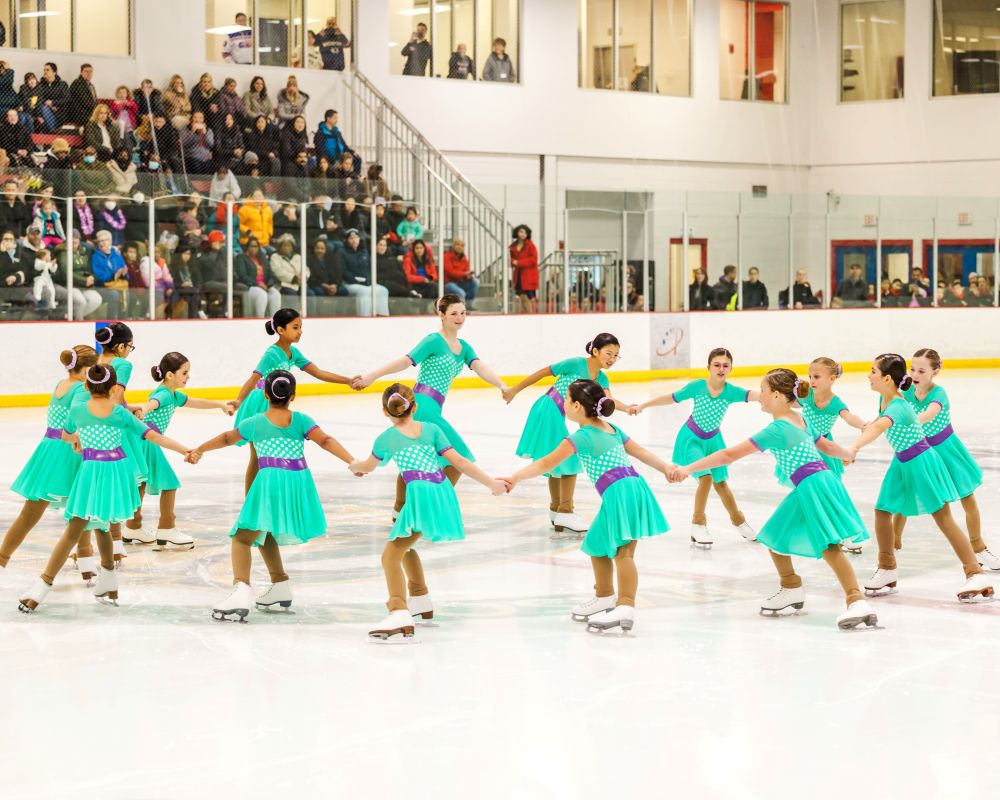 Aspire Synchro Team on Ice in Competition in Teal Cosutimes
